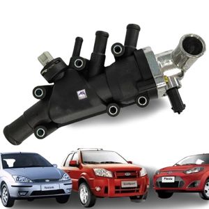 Válvula Termostática Ford Fiesta Ecosport Ka 2003 em Diante Flex Zetec Rocam 8V Kit Completo Carcaça Plástica Pescoço Reto Alumínio Sensor - MQ0542