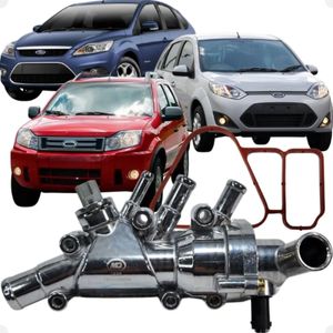 Válvula Termostática Ford Fiesta Ecosport 2003 em Diante Flex Zetec Rocam 8V Kit Completo Alumínio Pescoço Reto Sensor - MQ0555